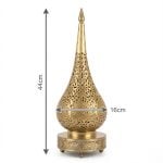 Teardrop brass table lamp dimensions showing 44cm height and 16cm width with detailed filigree pattern