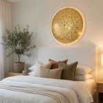 Hand-pierced brass wall light mounted above bed creating sunburst shadows on white wall in contemporary bedroom with olive tree and earth tone pillows