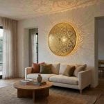 Large brass wall sconce as statement focal point casting dramatic shadow patterns across walls and ceiling in modern living room with linen sofa