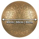 Round brass wall sconce available sizes showing 40cm 60cm and 80cm diameter options with hand-pierced arabesque medallion pattern
