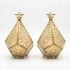 Pair of geometric brass candle lanterns with Islamic star patterns and frosted glass panels on white background
