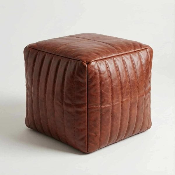 Cognac brown leather cube ottoman with vertical channel stitching - handcrafted genuine leather pouf 50cm