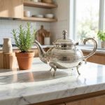 Silver teapot with diamond pattern displayed on marble countertop in contemporary kitchen setting