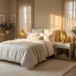 Brass filigree table lamps as bedside lighting on marble nightstands in neutral bedroom setting