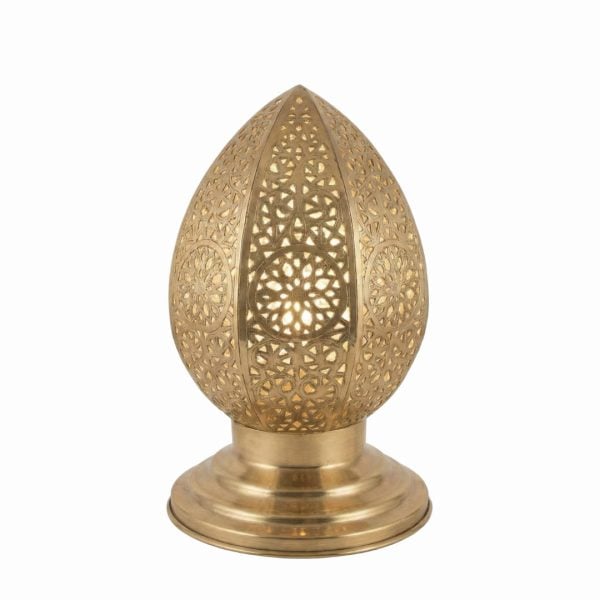 Single brass filigree table lamp with egg-shaped shade featuring hand-pierced floral geometric design