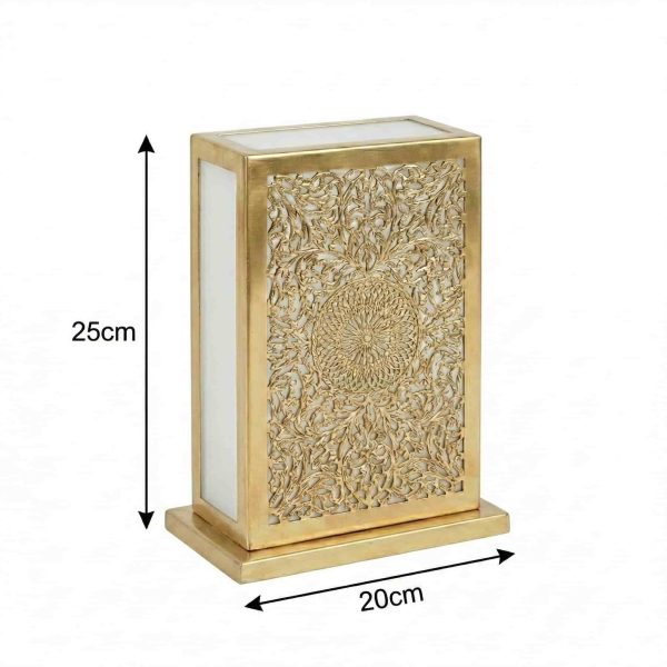 Medium brass lantern table lamp dimensions showing 25cm height and 20cm width with arabesque medallion pattern