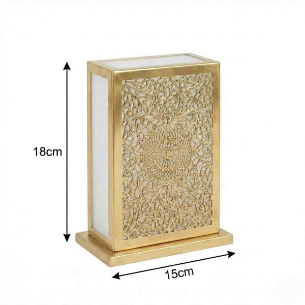 Small brass lantern table lamp dimensions showing 18cm height and 15cm width with detailed floral pierced design