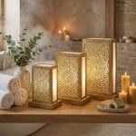Brass lantern table lamp trio in spa bathroom setting with candles towels and eucalyptus creating relaxing ambiance
