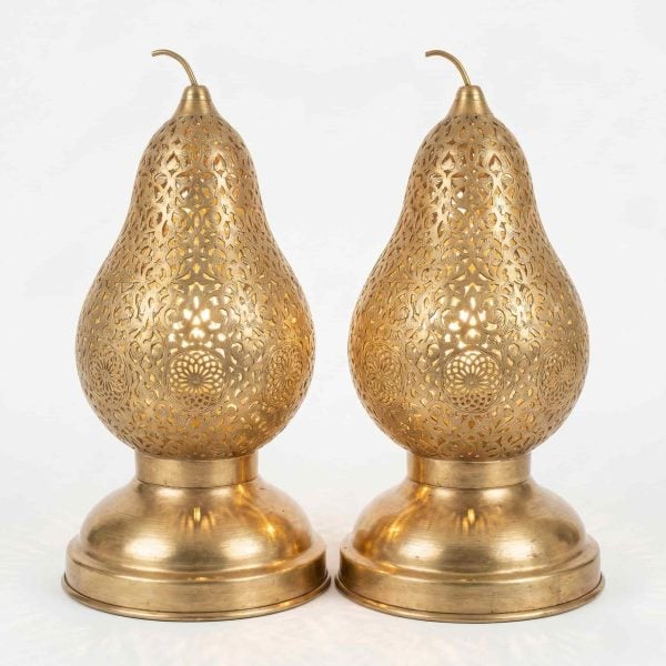 Set of two brass pear table lamps with hand-pierced floral arabesque patterns and curved stem finials