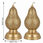 Brass pear table lamp dimensions showing 32cm height and 17cm width with detailed floral pierced pattern