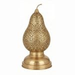 Single brass pear table lamp showcasing hand-carved arabesque design with medallion details and stem finial