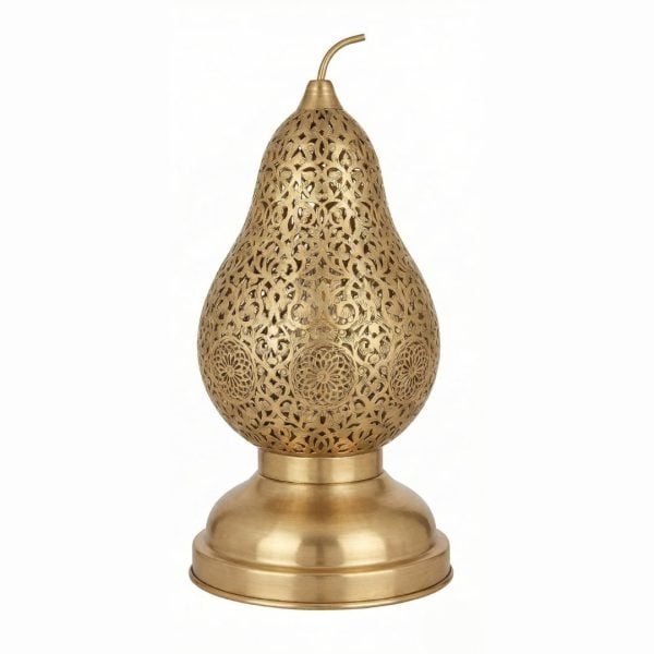 Single brass pear table lamp showcasing hand-carved arabesque design with medallion details and stem finial