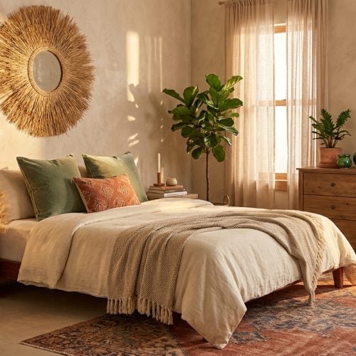 Inviting bohemian bedroom retreat featuring raffia sunburst mirror, brass Moroccan shadow lamp, and Tamegroute ceramics with layered natural textiles in warm golden light