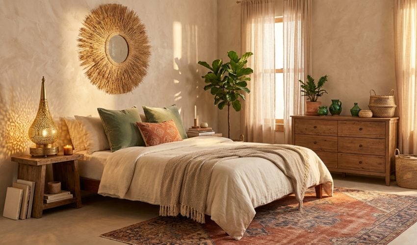 Inviting bohemian bedroom retreat featuring raffia sunburst mirror, brass Moroccan shadow lamp, and Tamegroute ceramics with layered natural textiles in warm golden light