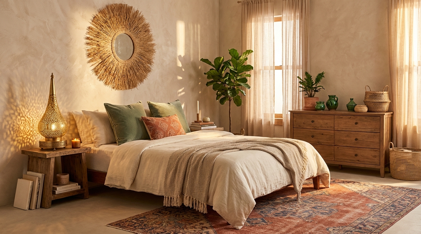 Inviting bohemian bedroom retreat featuring raffia sunburst mirror, brass Moroccan shadow lamp, and Tamegroute ceramics with layered natural textiles in warm golden light