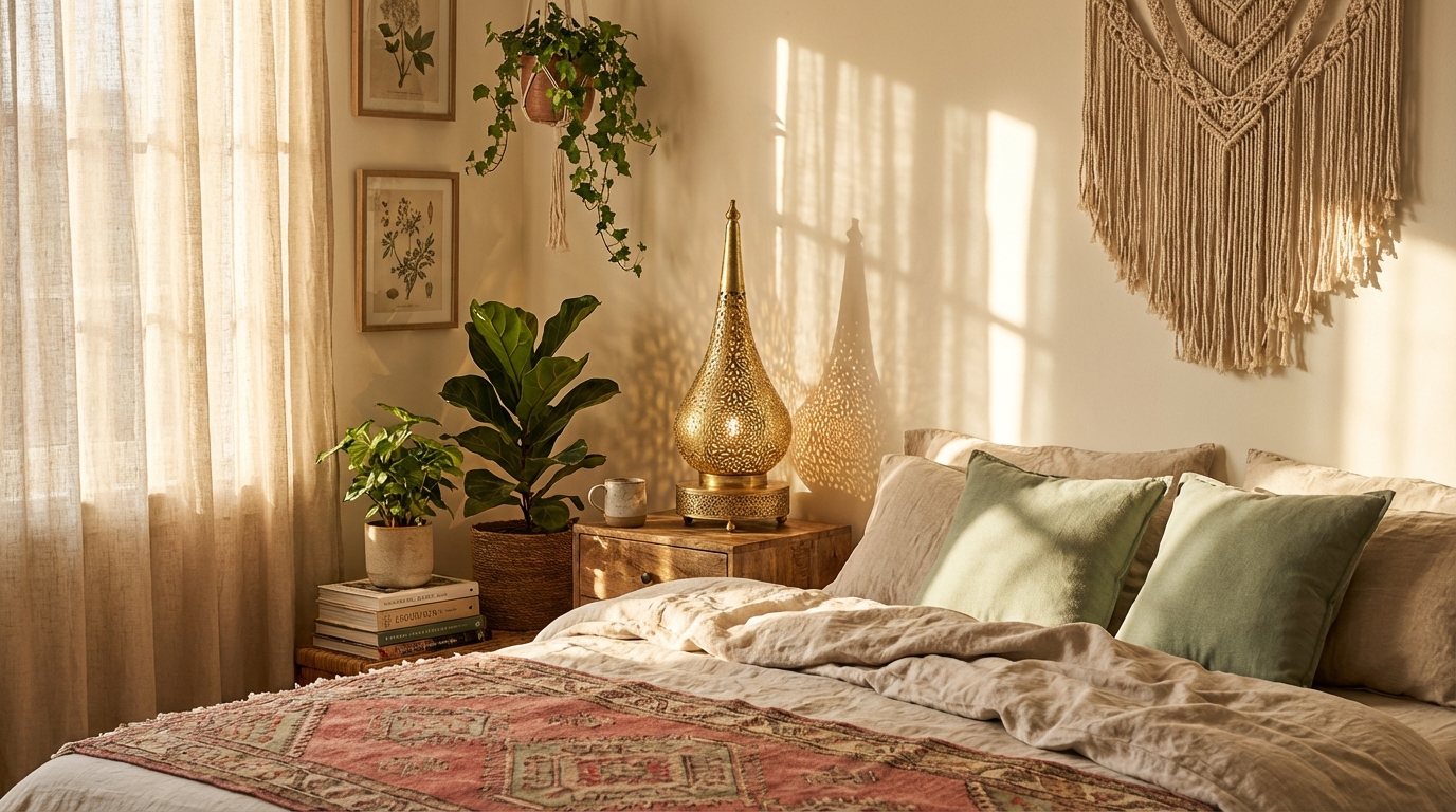 Bohemian Bedroom Retreat: Brass, Raffia & Ceramic Styling