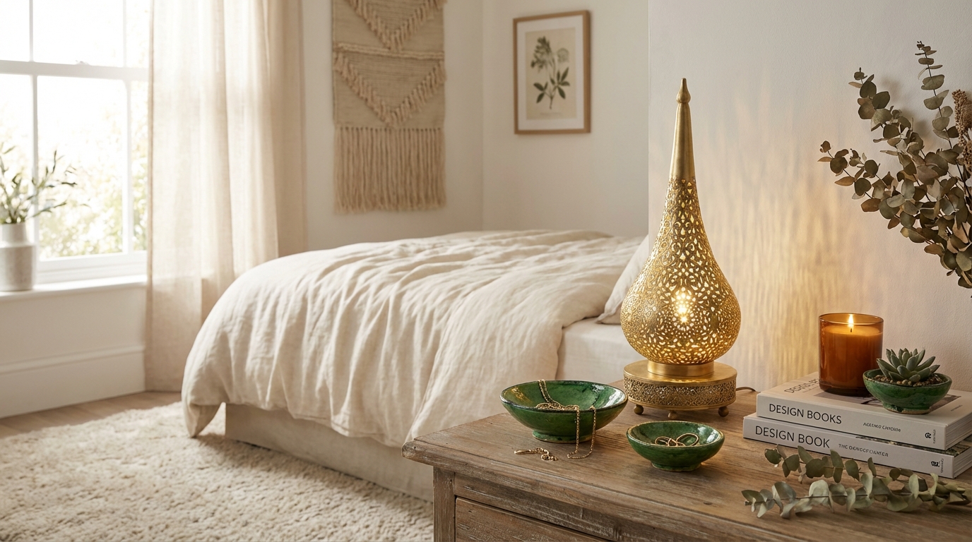 Tamegroute ceramic bowls in green glaze styled on wooden nightstand with jewelry, succulent, and books in cozy bohemian bedroom setting