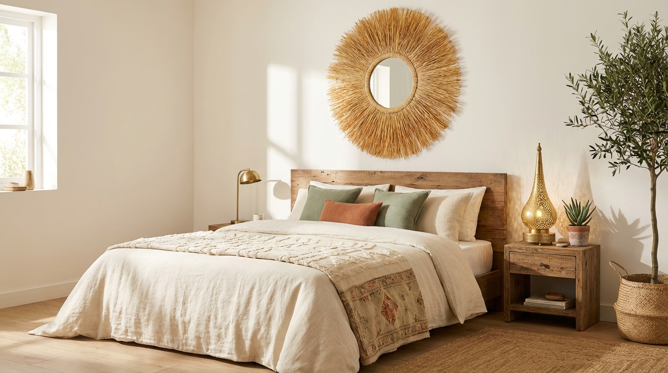Bohemian Bedroom Retreat: Brass, Raffia & Ceramic Styling