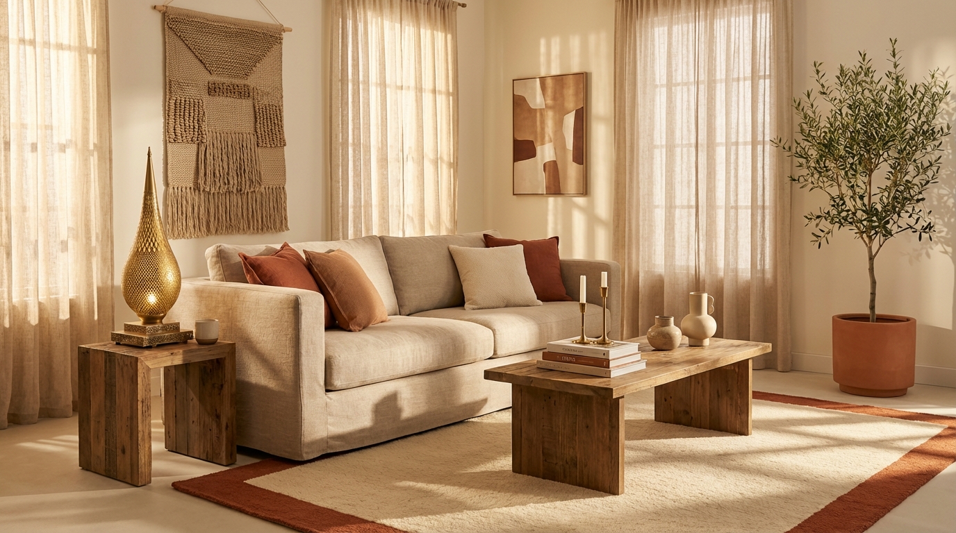 Warm Moroccan-Modern Living Room: Brass, Leather & Wool Sunlit modern bohemian living room with terracotta border wool rug anchoring a neutral linen sofa and earth-toned decor