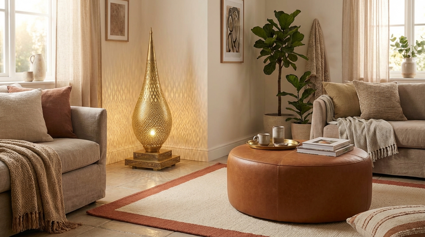 Warm Moroccan-Modern Living Room: Brass, Leather & Wool Cognac leather ottoman styled as coffee table with brass tray in a warm Moroccan-modern living room