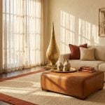 Sophisticated Moroccan-modern living room featuring brass floor lamp, cognac leather ottoman, and terracotta border wool rug in warm afternoon light