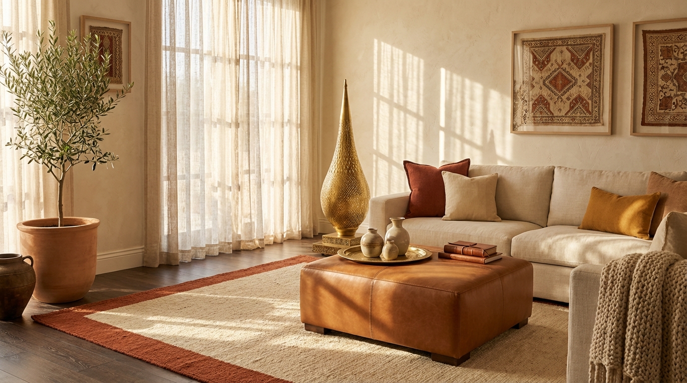 Sophisticated Moroccan-modern living room featuring brass floor lamp, cognac leather ottoman, and terracotta border wool rug in warm afternoon light