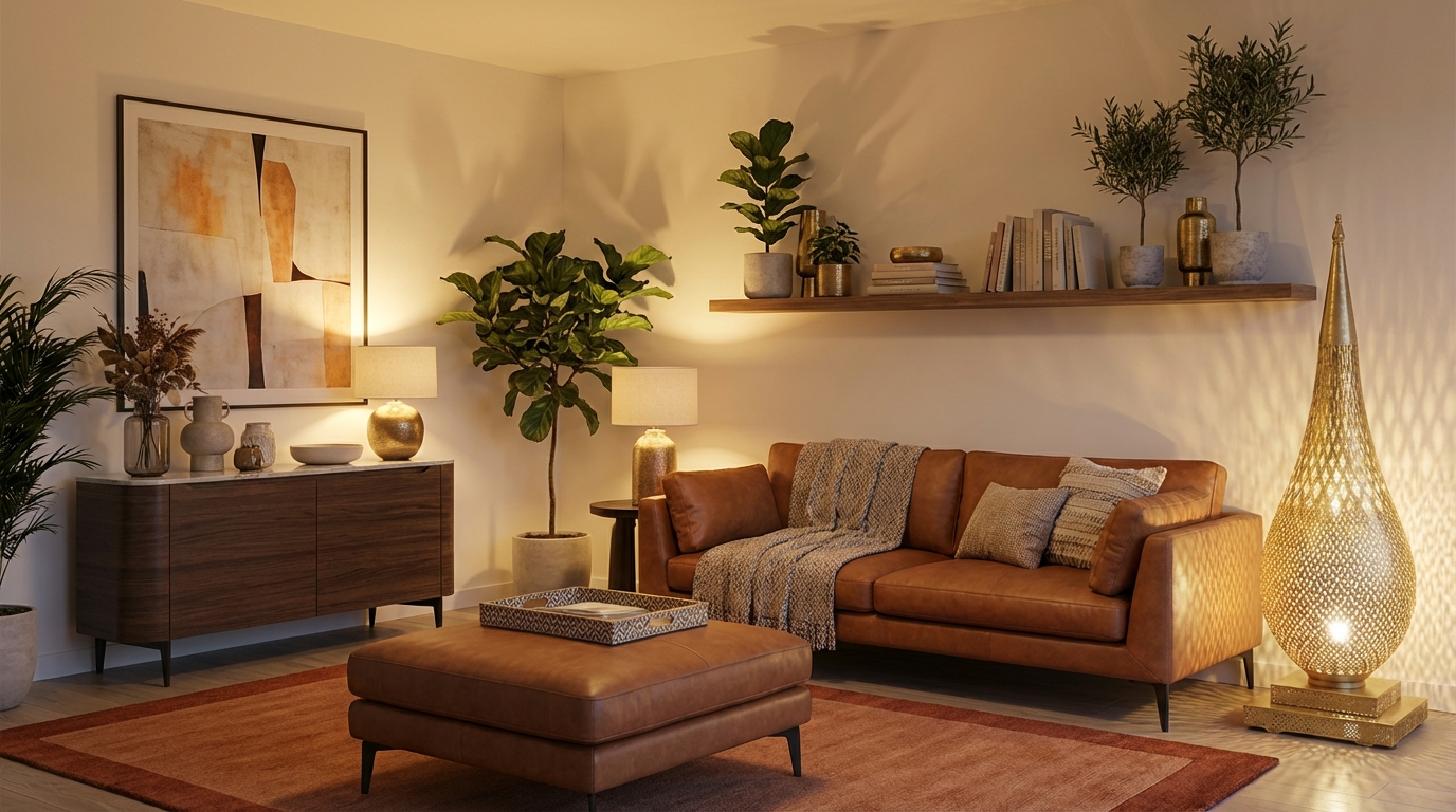 Warm Moroccan-Modern Living Room: Brass, Leather & Wool Complete Moroccan-modern living room at dusk showcasing layered brass lighting, leather ottoman, and terracotta wool rug