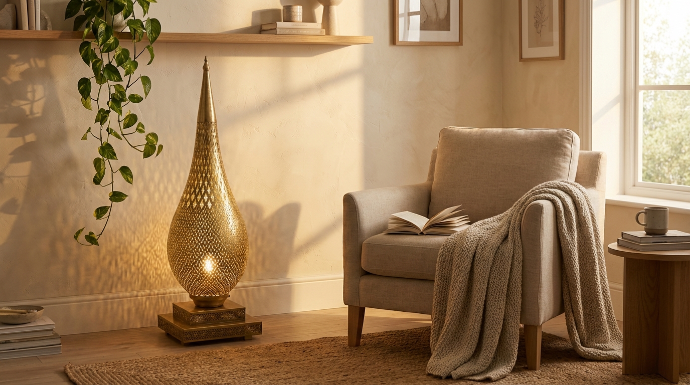 Warm Moroccan-Modern Living Room: Brass, Leather & Wool Hammered brass floor lamp casting warm shadows in a cozy living room corner during evening golden hour