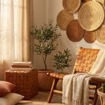 Complete Moroccan-inspired reading and tea nook featuring woven leather furniture, artisan ceramics, and natural textures in warm natural light