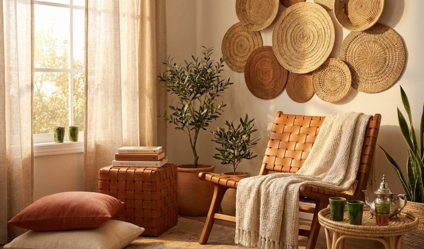 Complete Moroccan-inspired reading and tea nook featuring woven leather furniture, artisan ceramics, and natural textures in warm natural light
