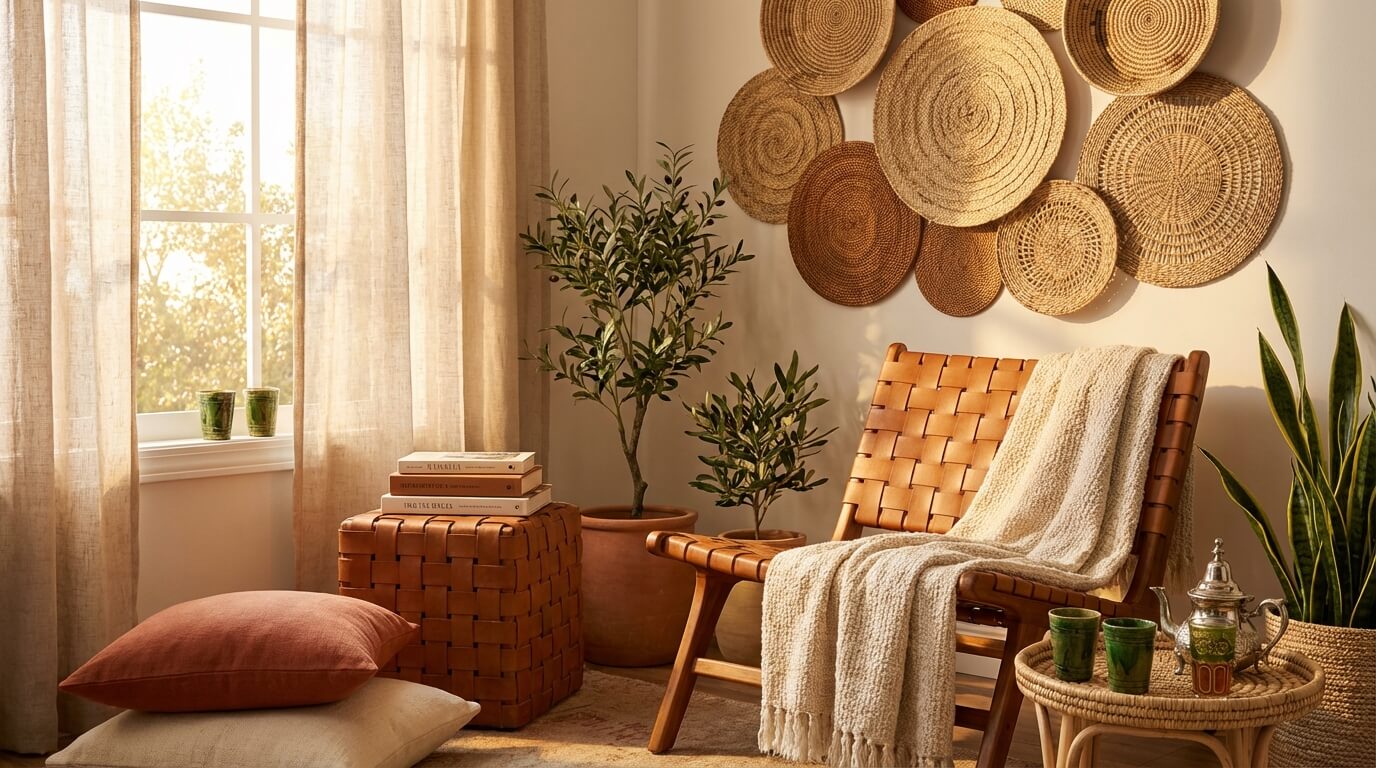 Complete Moroccan-inspired reading and tea nook featuring woven leather furniture, artisan ceramics, and natural textures in warm natural light