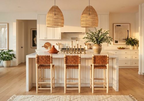Contemporary kitchen with marble island styled with Moroccan leather stools, rattan pendant lights, and artisan ceramics in warm golden hour light