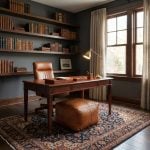 Woven leather square pouf as footrest in traditional home office with Persian rug