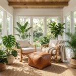 Braided leather ottoman in bright sunroom with rattan chairs and tropical plants