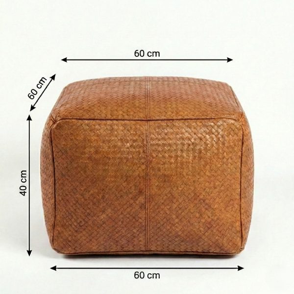 Handwoven leather square pouf dimensions showing 60cm x 60cm x 40cm extra-large size