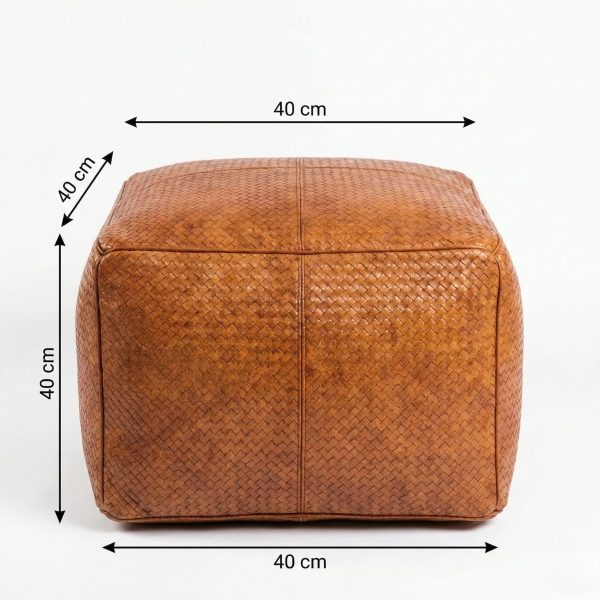 Braided leather square pouf dimensions diagram showing 40cm x 40cm x 40cm small size
