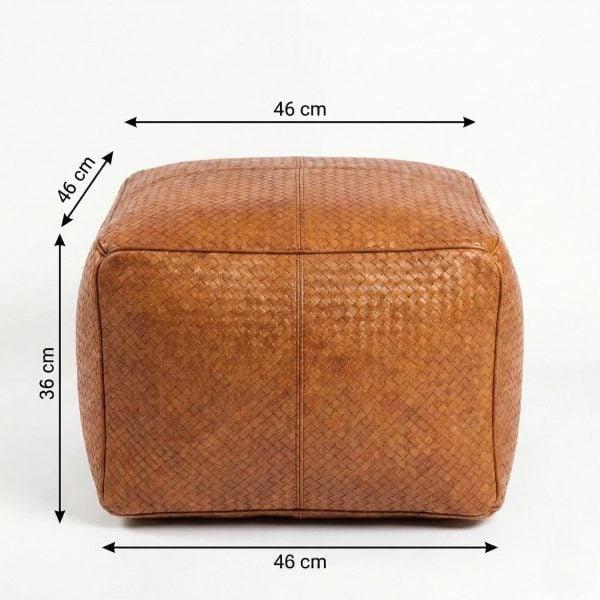 Handwoven leather ottoman dimensions showing 46cm x 46cm x 36cm medium size measurements