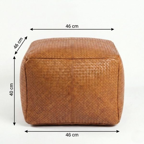 Woven leather ottoman dimensions diagram showing 46cm x 46cm x 40cm medium-tall size