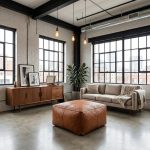 Braided leather square ottoman as coffee table alternative in industrial loft with exposed brick