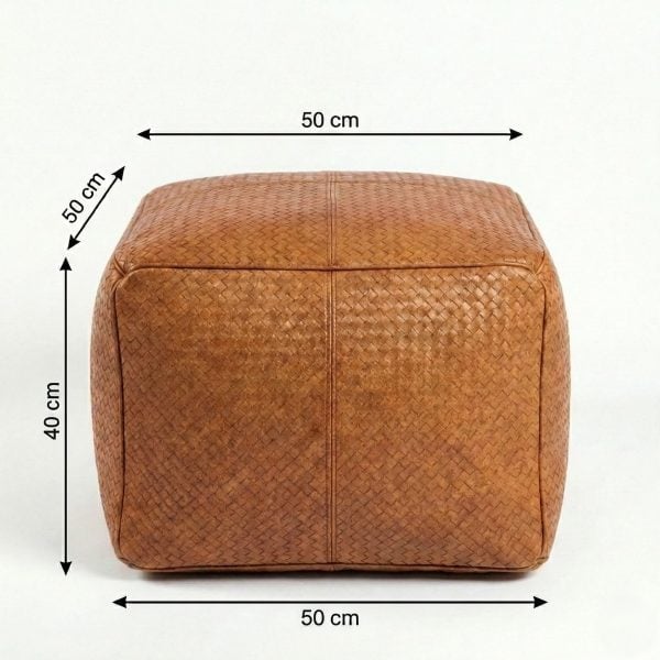 Handwoven leather pouf dimensions showing 50cm x 50cm x 40cm large size measurements