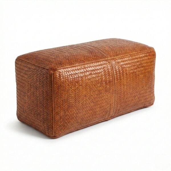 Cognac woven leather bench ottoman with herringbone braided pattern - handcrafted rectangle pouf 90cm