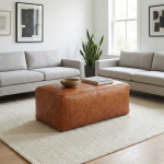 Woven leather bench ottoman as coffee table centerpiece in modern living room with gray sofas