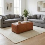 Rectangle woven leather pouf as coffee table alternative in contemporary neutral living space