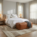 Woven leather bench ottoman at foot of bed in serene neutral bedroom with textured rug