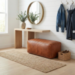 Braided leather entryway bench under console table in modern farmhouse mudroom