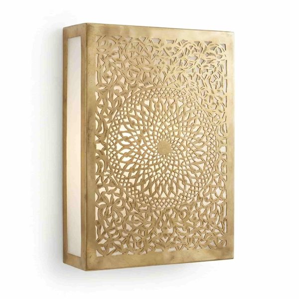 Brass mandala wall light with rectangular box frame and hand-pierced spiral medallion cutwork on white background
