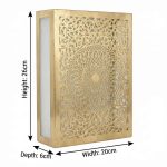 Brass mandala wall light dimensions — 20cm wide, 26cm tall, 6cm deep measurement guide