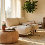 Natural tan leather ottoman with silver tray in modern living room with Beni Ourain rug and brass lamp
