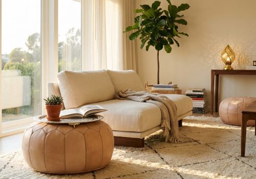 Natural tan leather ottoman with silver tray in modern living room with Beni Ourain rug and brass lamp