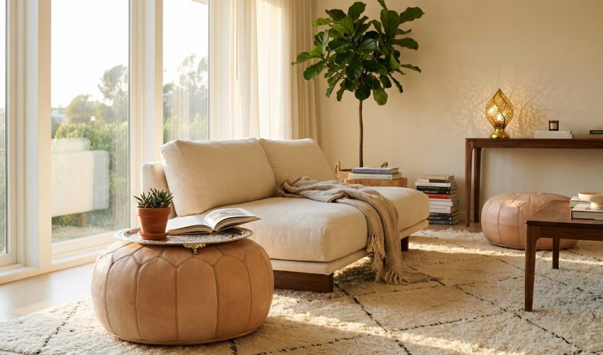 Natural tan leather ottoman with silver tray in modern living room with Beni Ourain rug and brass lamp